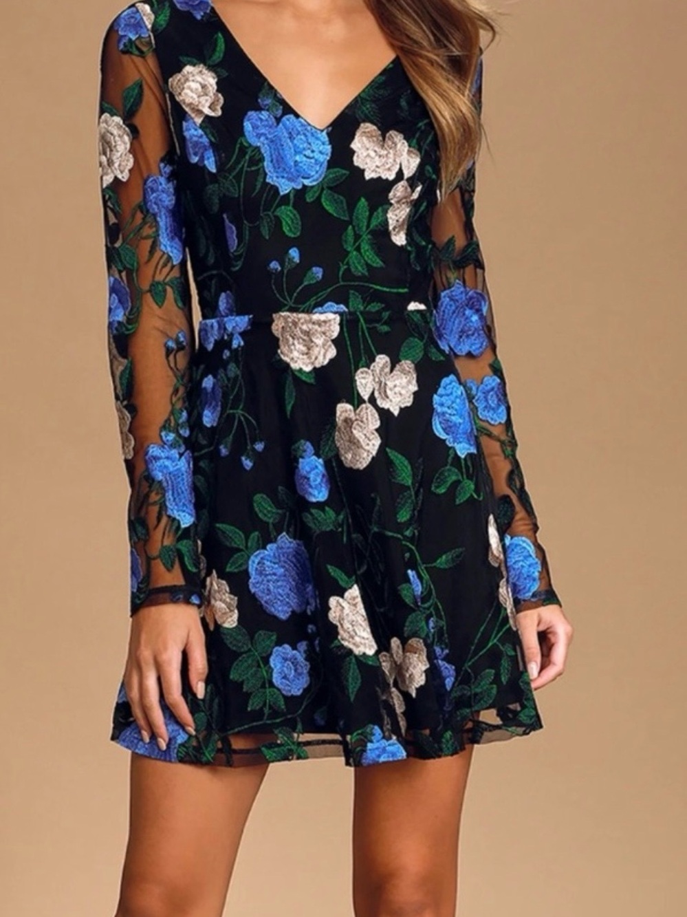 Lulu's Black Mini Dress with Blue & Cream Floral Embroidery